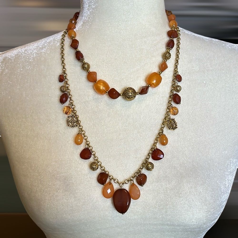 VTG Boho Robert Rose Two Strand Beaded Necklace Set Gold Tone Filigree